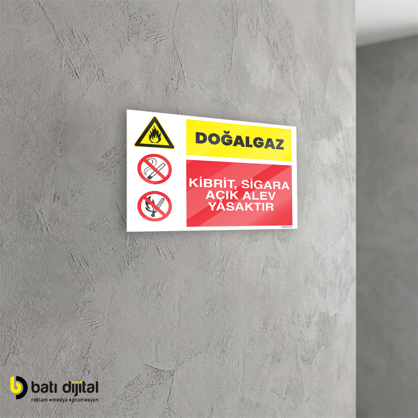 Doğalgaz – Kibrit, Sigara ve Açık Alev Yasaktır İş Güvenliği (İSG) Dekota Uyarı Levhası A4